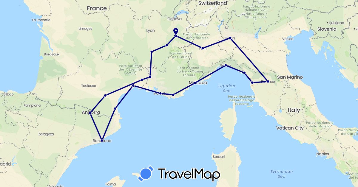 TravelMap itinerary: driving in Andorra, Spain, France, Italy (Europe)